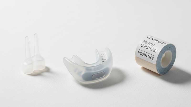 A detailed, clean product shot from above. A few different types of modern anti-snoring devices are laid out on a crisp white linen: a sleek adjustable mouthpiece, a subtle nasal dilator, and a roll of mouth tape. Each looks approachable and non-intimidating.
