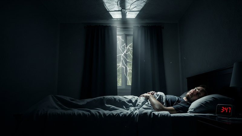 A dimly lit bedroom at night. A person lies awake, eyes wide open, staring at the ceiling with a look of utter exhaustion. The room is otherwise peaceful.
