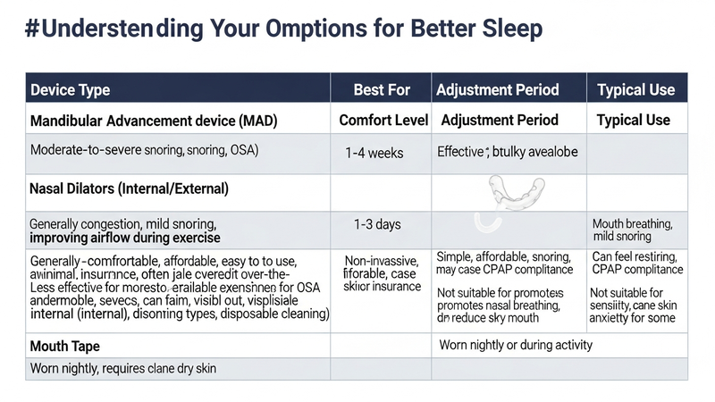 An illustrative, infographic-style comparison chart. It cleanly contrasts the primary device types (MAD, Nasal Dilators, Mouth Tape) across axes like "Best For," "Comfort Level," and "Adjustment Period."