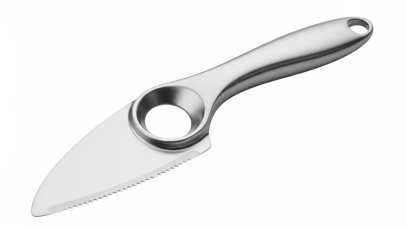 A detailed, studio-quality product shot of a high-end stainless steel avocado slicer isolated on a white background. The image highlights its three components: the serrated slicing edge, the central pitting notch, and the ergonomic, comfort-grip handle. Light glints off the metal.