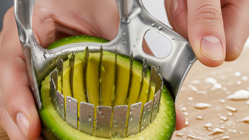 A photorealistic action shot of a hand using a sturdy stainless steel avocado slicer. The tool is halfway through scooping out perfectly uniform, fan-shaped slices from an avocado half. The flesh is a vibrant green, and the metal looks robust and clean.