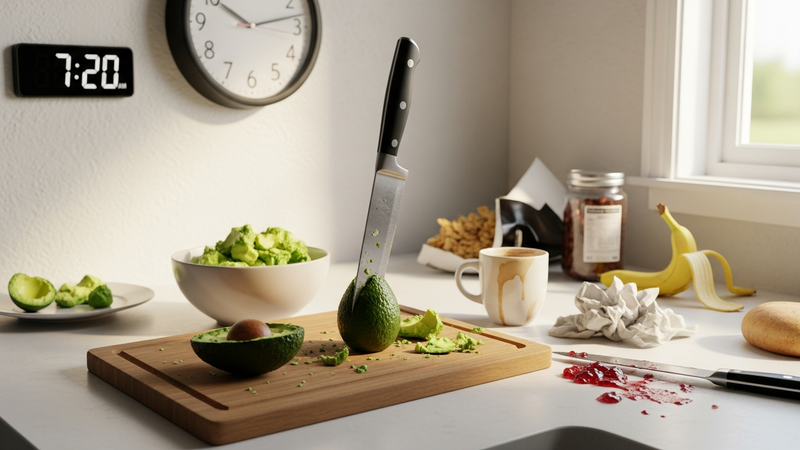 A photorealistic, close-up shot of a chaotic morning kitchen scene. A chef's knife is stuck in an avocado pit on a messy, green-smeared wooden cutting board. A bowl of mangled avocado flesh sits nearby, with a clock on the wall reading 7:20 AM. Soft morning light streams through a window.