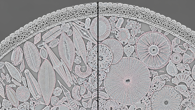 A detailed, scientific visualization cross-section: On one side, a microscopic view of intricate, geometric diatom fossils. On the other, a smooth, slate-grey diatomite mat, with arrows showing how its porous structure absorbs moisture.