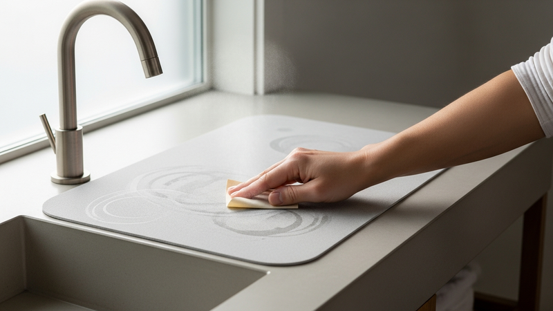 A hand holding a small square of fine-grit sandpaper, gently scuffing the surface of a light grey diatomite mat. Fine, pale dust is visible. The mat rests on a sleek, modern bathroom vanity.
