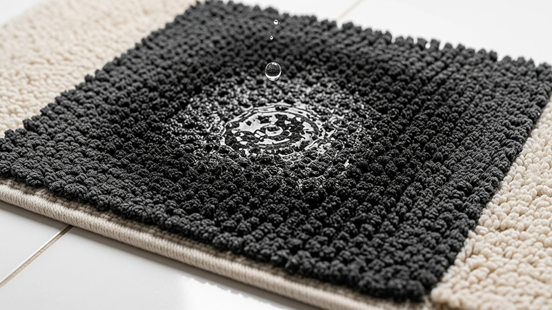 A photorealistic, close-up shot of a traditional fabric bath mat, dark with dampness in the center, resting on a pristine white tile floor. A single, fresh water droplet is caught in mid-air, about to land on the already saturated pile.