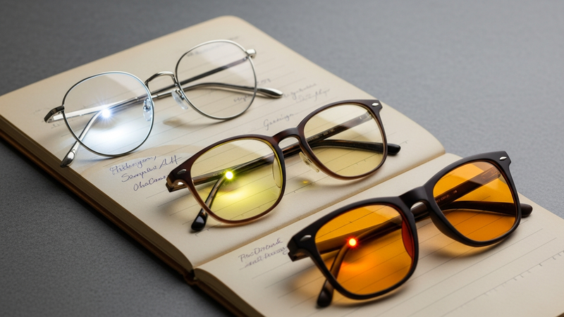 A flat-lay shot of three distinct pairs of glasses on a notebook. From left to right: a pair with perfectly clear lenses, a pair with a faint yellow tint, and a pair with a bold amber tint. A small spectrum of light shines through each.