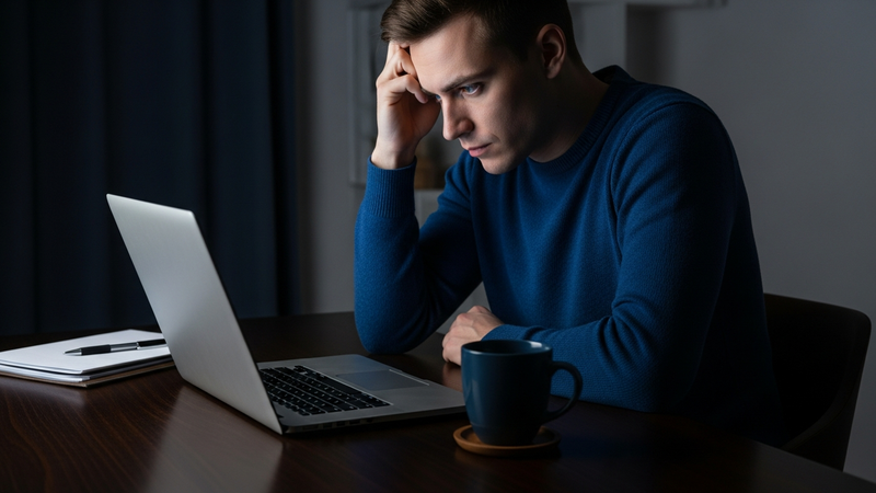 A person sitting at a dark wooden desk late at night, illuminated only by the blue-hued light of a laptop screen. Their expression is one of tired concentration, with a hand gently rubbing their temple.