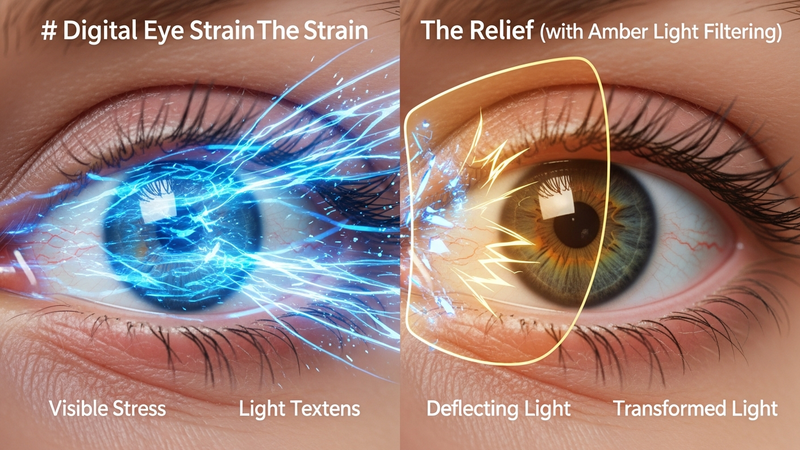 A split-screen infographic. On the left, an illustration of an eye with visible stress lines, facing chaotic waves of blue light from devices. On the right, the same eye is relaxed, with a calm, amber-tinted shield deflecting the chaotic light waves.