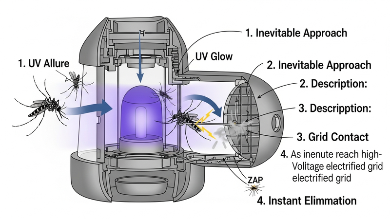 A clean cutaway diagram of a lantern. Arrows show: 1) Bug attracted to UV glow, 2) It flies towards the light, 3) It contacts an inner electrified grid, 4) A tiny arc (the "zap") eliminates it.
