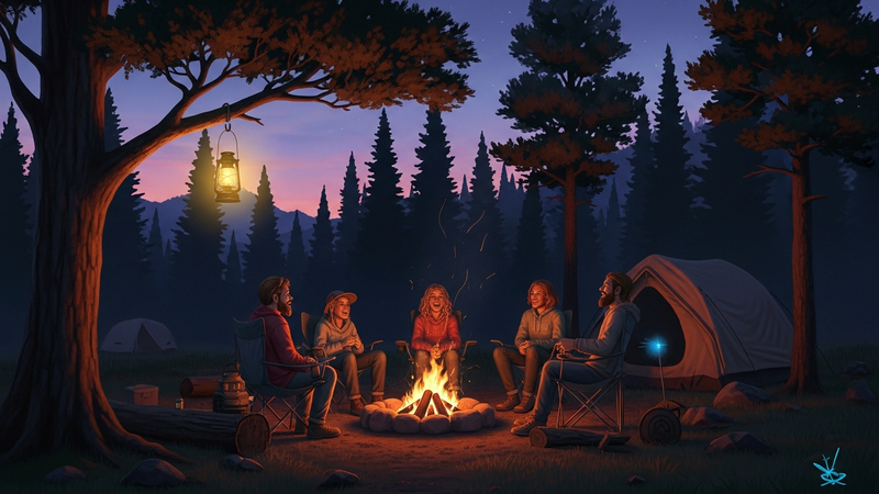 A serene campsite at dusk. A family laughs around a fire, illuminated by the soft, warm glow of a lantern hanging from a tree. In the foreground, a nearly imperceptible blue flash catches a mosquito mid-air.