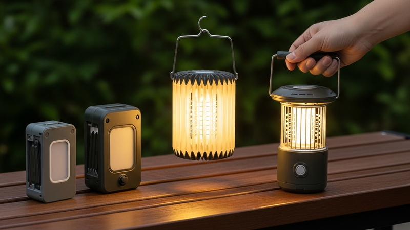 A styled product shot showing three different bug zapper lanterns on a wooden bench. One is folded compactly, one is open and hanging, another is handheld. The scene is clean and focused on the design variations.
