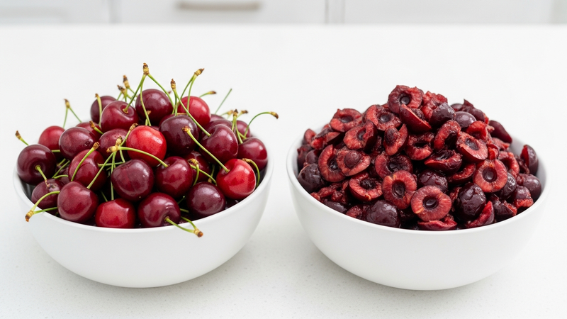 A clean, well-lit kitchen counter with two bowls side-by-side. One bowl holds whole cherries with stems. The other holds a mountain of perfectly pitted, stemless cherries, gleaming under the light.