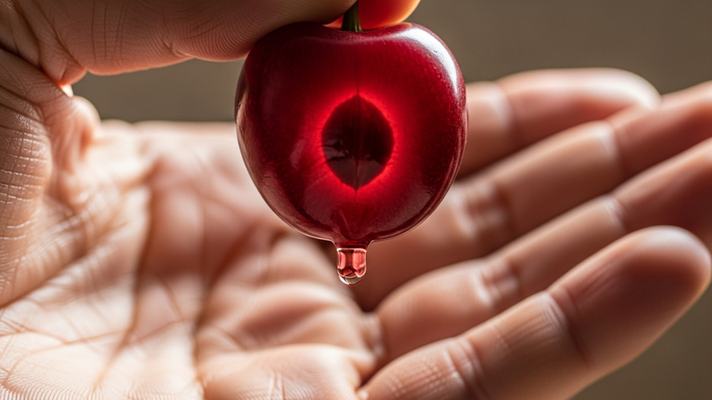 A close-up, photorealistic shot of a hand holding a single, perfect cherry. A single drop of crimson juice is suspended mid-fall from the fruit, with a faint, ominous shadow of the pit visible inside.