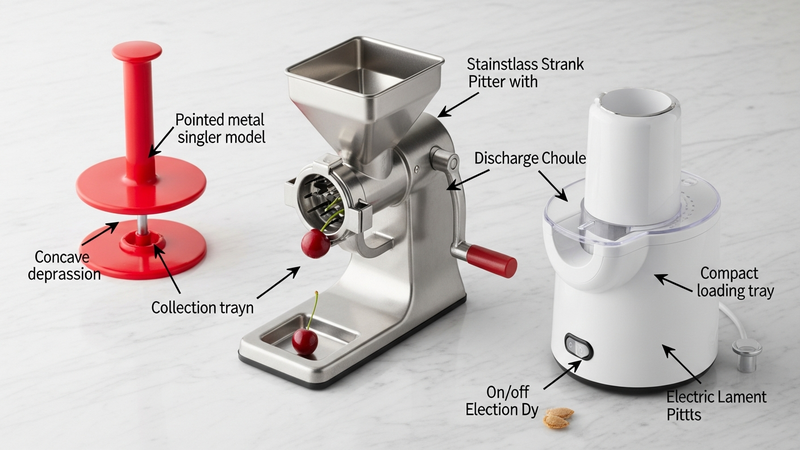A photorealistic flat lay of three distinct cherry pitters on a marble surface: a simple red plastic plunger model, a stainless steel crank pitter with a hopper, and a sleek white electric appliance. Arrows point to their key features.