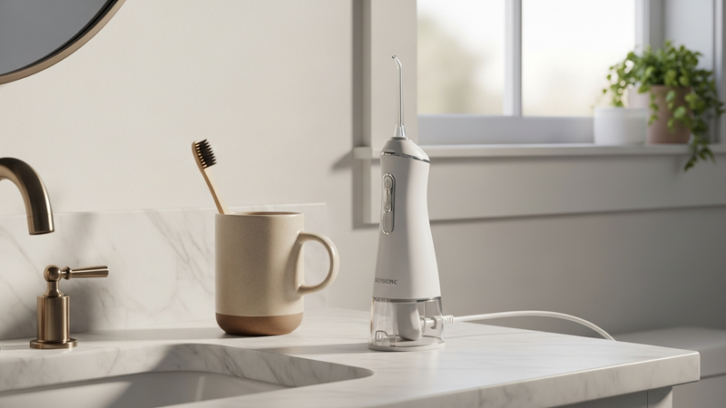 A serene, photorealistic shot of a minimalist bathroom vanity at dawn. A sophisticated, white cordless water flosser sits beside a ceramic mug holding a bamboo toothbrush. Soft light filters in, highlighting the device as an object of intentional design, not just utility.