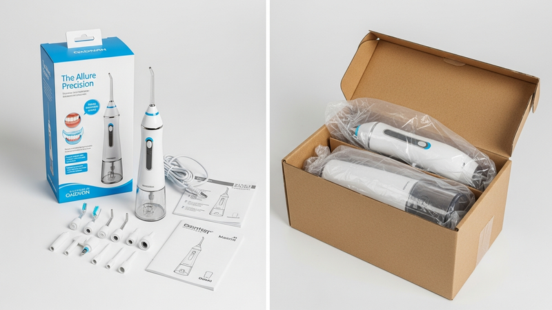 A split-screen image with stark contrast. Left: A branded water flosser in crisp retail packaging with detailed manuals and multiple tips. Right: A plain, nondescript box from AliExpress, its contents wrapped in thin plastic. The difference in promise is palpable.