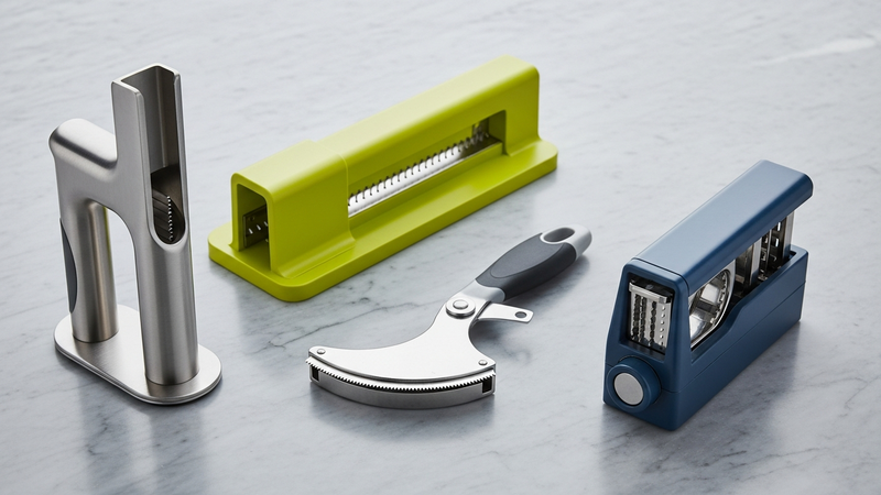 A clean, studio-style flat lay of four distinct types of corn strippers on a marble surface. From left to right: a sleek, modern metal upright stripper; a bright plastic horizontal "sled" style tool; a simple, curved handheld "stripper blade"; and a compact, multi-function corn and vegetable prep tool.