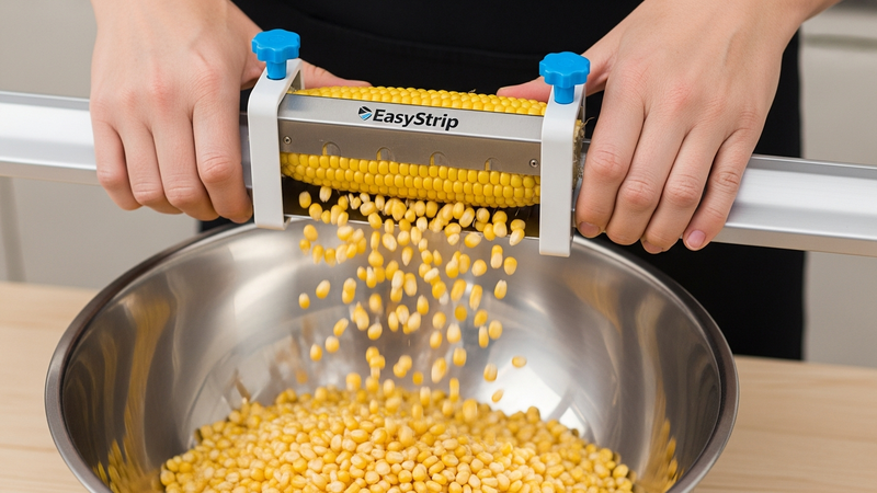 A first-person, "over-the-hands" action shot. A pair of hands is safely using the "EasyStrip Sled" tool. A bright yellow cob is halfway down the track, and a perfect cascade of yellow kernels is falling into a large stainless steel mixing bowl below. No fingers are near the blade.