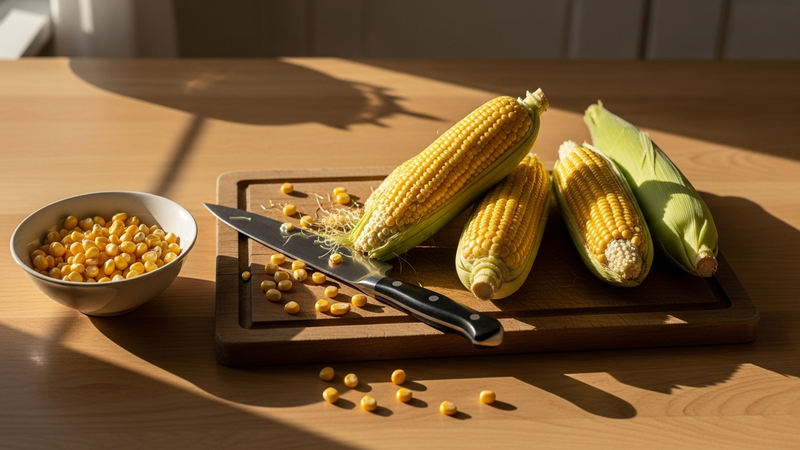 A high-angle, photorealistic shot of a sunny kitchen counter. A wooden cutting board holds three fresh, vibrant yellow ears of corn next to a sharp chef's knife. A few stray kernels are scattered across the board, and a bowl with a handful of successfully removed kernels sits to the side, glistening with moisture. Late afternoon sun streams through a window, casting long shadows.