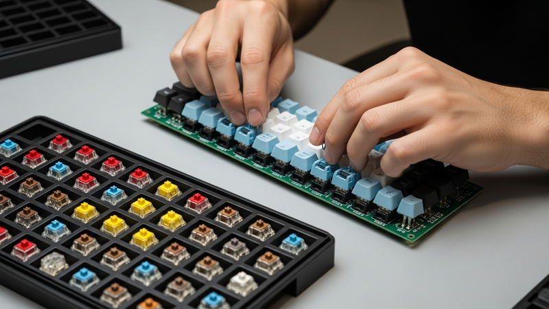 A pair of hands, sleeves rolled up, carefully plugging pale blue mechanical switches into the hot-swap sockets of a PCB. An assortment of different colored switches sits in a tray nearby, suggesting experimentation and easy customization.