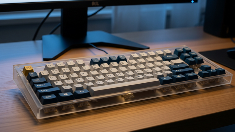 A sleek, modern home office at dusk. The only light comes from the warm glow of a custom mechanical keyboard on a wooden desk. The keyboard's polycarbonate case reveals a complex inner world of golden switches, and its keycaps are a deep, ocean-blue with crisp, white lettering. The scene feels intentional and deeply personal.