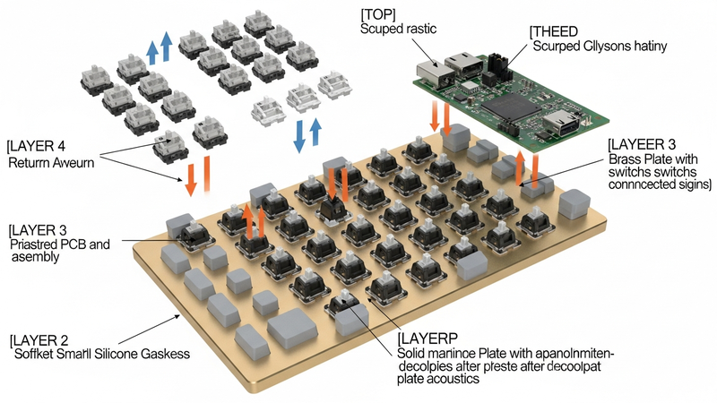 An exploded view diagram of a gasket-mounted keyboard. Layers are separated: the heavy aluminum case at the bottom, followed by small silicone gaskets, then the brass plate with switches installed, then the PCB, and finally the keycaps. Arrows illustrate the compression of the gaskets when typing.