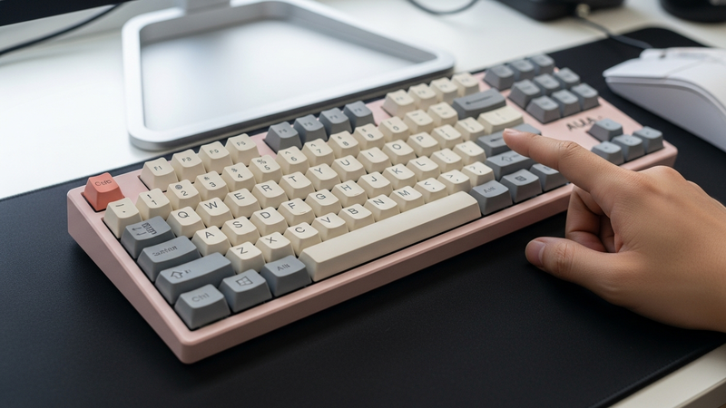 The finished keyboard, in its full glory, on a clean desk mat. It's a modified Aula F75 with pastel keycaps. Light from a nearby window glints off its textured surface. A hand reaches into the frame, index finger poised to press the "Enter" key.