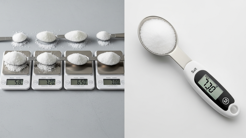 A split-screen image. Left: Five identical-looking teaspoons of salt are lined up, each on its own tiny digital scale showing different numbers (5.8g, 6.5g, 7.2g, etc.). Right: A single digital spoon’s display reads a clean, precise "7.0g."