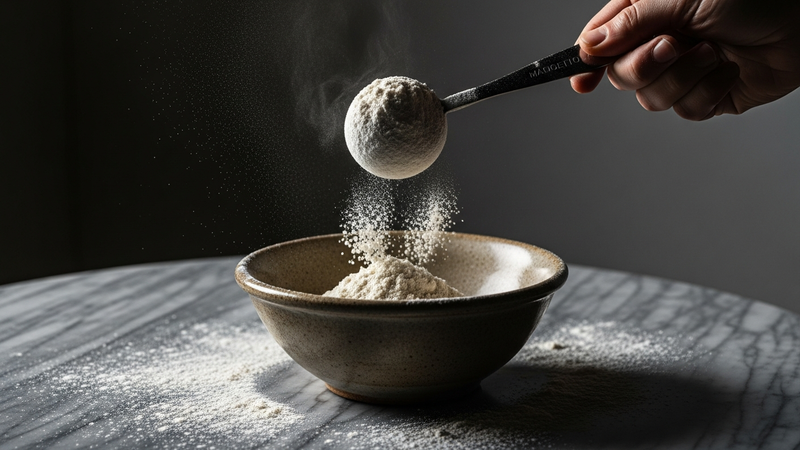 A stylized, moody shot of a traditional measuring spoon hovering over a bowl. Flour is scattered on a marble counter, and the spoon is clearly overfilled, its heap casting a small shadow. The image conveys guesswork and mess.