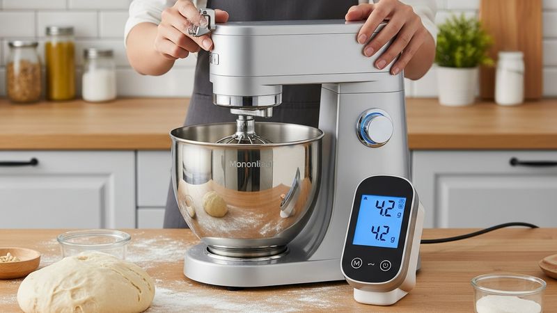 The modular spoon in action. Its stainless steel bowl sits directly in a glass mixing bowl filled with dough. The separate digital display pod is on the counter, showing "4.2g." The scene is clean and professional.