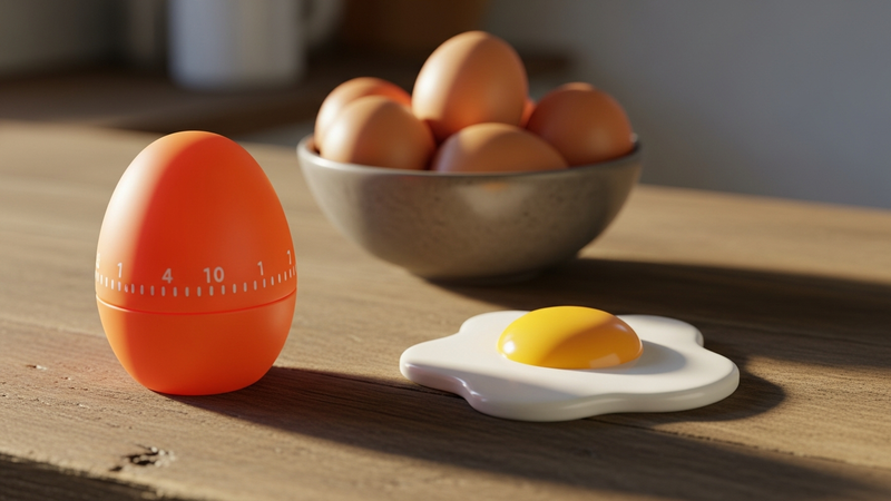 A close-up, photorealistic shot of a vibrant orange silicone egg timer, shaped like a fried egg, sitting on a rustic wooden counter next to a bowl of brown eggs. Morning light highlights its glossy surface.
