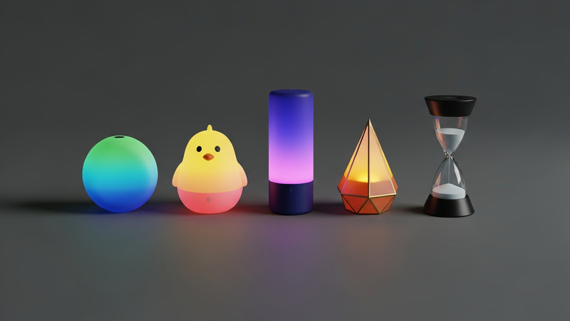 A flat-lay, editorial-style photo of five different color-changing timers on a slate grey backdrop. They are arranged neatly, showcasing distinct designs from a minimalist disc to a playful chick shape.