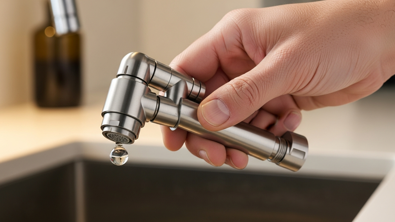 A detailed, close-up, photorealistic image of a hand holding a sleek, metallic faucet extender. The extender is shown mid-swivel, its joints articulated, with a drop of water beading on its aerator. The background is a softly blurred kitchen.