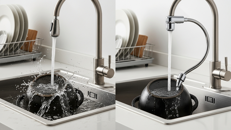 A split-screen photorealistic image. On the left, a chaotic sink scene with splashed water and a tilted pot. On the right, the same sink with a swivel extender, effortlessly filling the pot center-mass with a clean, contained stream.
