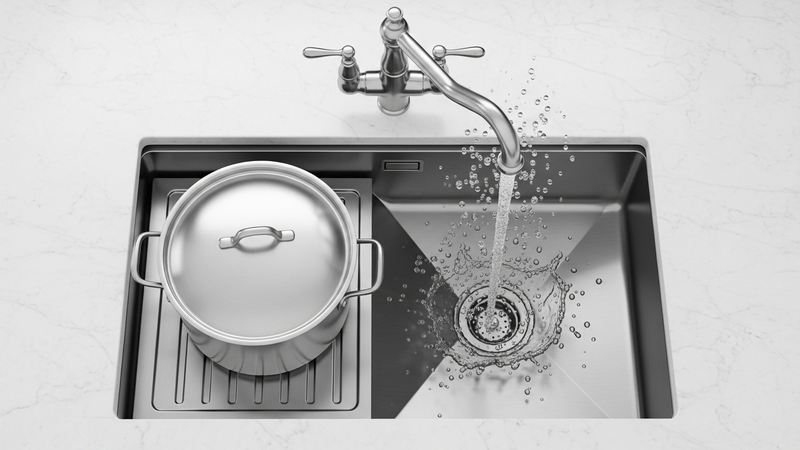 A top-down, photorealistic shot of a modern stainless steel kitchen sink. A large, empty stockpot sits to one side. A traditional faucet's stream is falling short, splashing against the sink's edge near the pot, with water droplets frozen in mid-air.