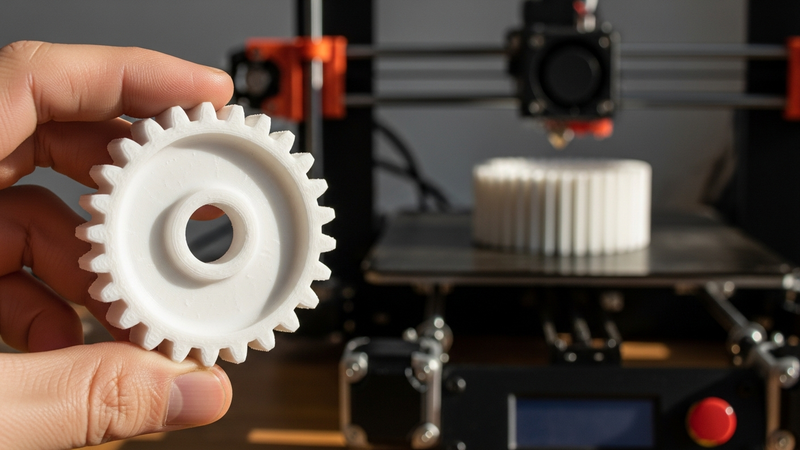 A close-up, photorealistic shot of a human hand holding a freshly printed, white plastic gear. Sunlight catches the distinct, fine layer lines on its teeth. In the soft-focus background, an FDM 3D printer sits on a well-used wooden workbench, its nozzle poised mid-print.