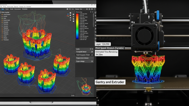 A split-screen visual. On the left, a laptop screen shows the intricate layer-by-layer G-code preview in a slicer, colored by print speed. On the right, the physical printer is executing that exact layer, the glowing nozzle clearly tracing the path seen on screen.