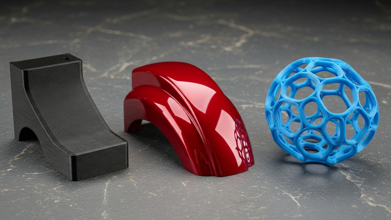 A wide-angle, clean studio shot showing three distinct FDM-printed parts on a slate surface. From left: A rough, matte black prototype with visible layers; a smooth, glossy red finished part; and a complex, flexible blue lattice structure. This visualizes the range of outcomes.