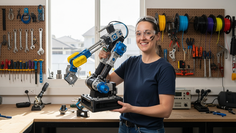 An aspirational, final shot. A confident maker, smiling, holds a fully assembled, complex mechanical device—like a custom drone frame or robot arm—comprised of multiple, beautifully finished FDM-printed parts in different colors and materials. The workshop behind them is organized and inspiring.