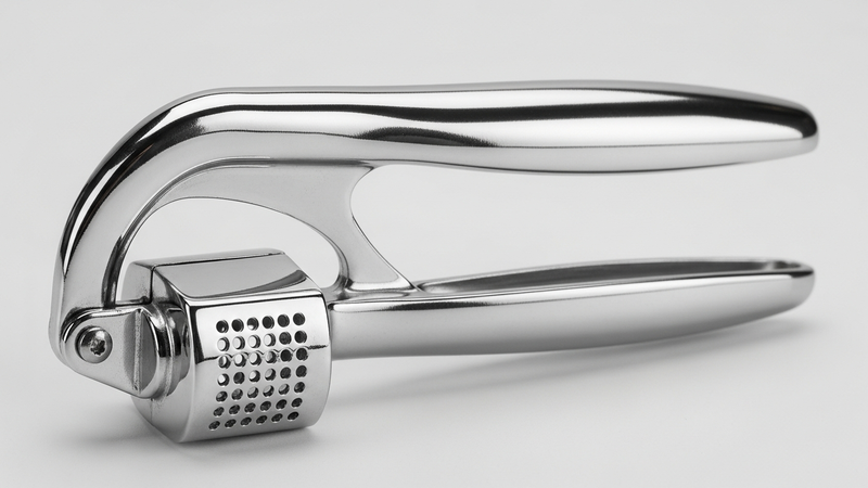 A close-up, hero shot of a high-end stainless steel garlic press. Sunlight glints off its polished metal handle and basket. It looks substantial, weighty, and indestructible.