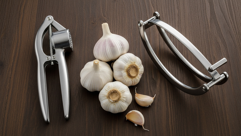 A dramatic, overhead shot of a rustic wooden kitchen counter. On the left, a gleaming stainless steel garlic press stands ready. On the right, a sleek, curved garlic rocker. A handful of whole garlic bulbs sits between them, like contestants awaiting judgment.