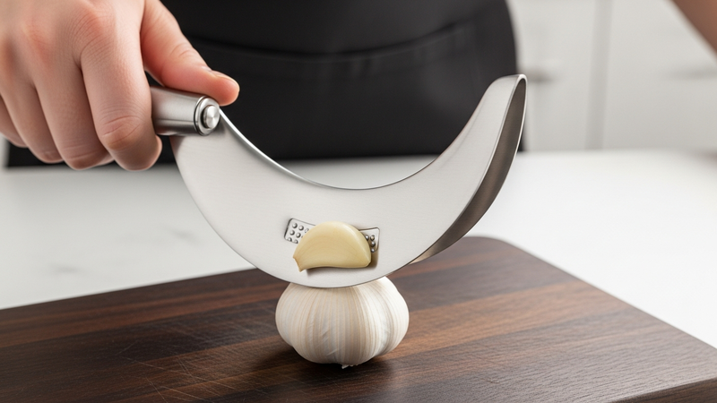 A hand holding a crescent-shaped garlic rocker made of brushed stainless steel. It's poised over a single clove of garlic on a cutting board. The scene is clean, simple, and uncluttered.