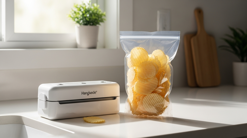 A clean, minimalist kitchen counter. A sleek, white bag sealer sits beside a perfectly sealed, half-full bag of ridged potato chips. Morning light streams in, highlighting the crisp seal and the promise of preserved crunch.