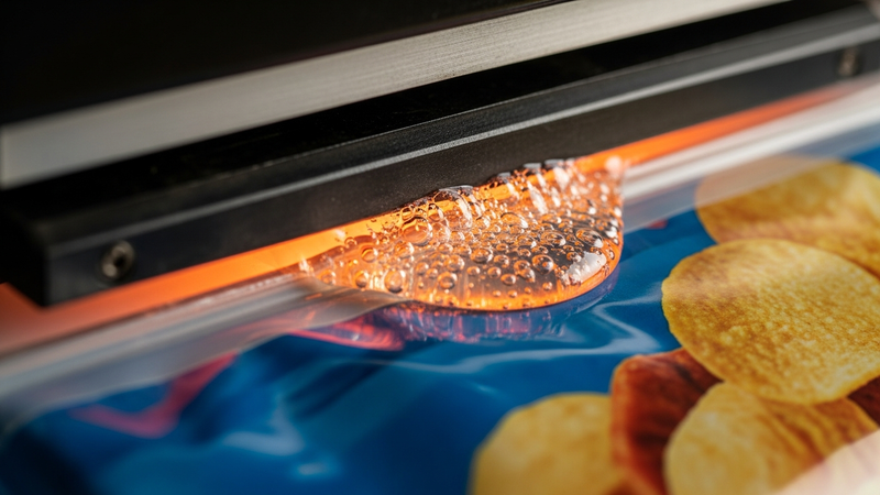 A stunning macro shot, side-view. The heated bar of a sealer is pressing into a chip bag. The plastic is visibly melting and fusing into a clear, uniform seal, captured mid-process.