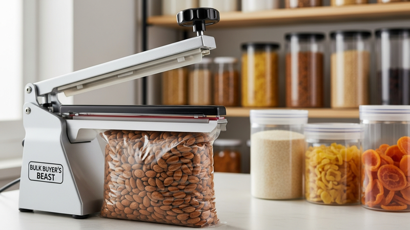 The "Bulk Buyer's Beast" in action. It's a more substantial, metallic-finish sealer sealing a large, thick bag of almonds. The background shows a pantry with other bulk goods, emphasizing its purpose.