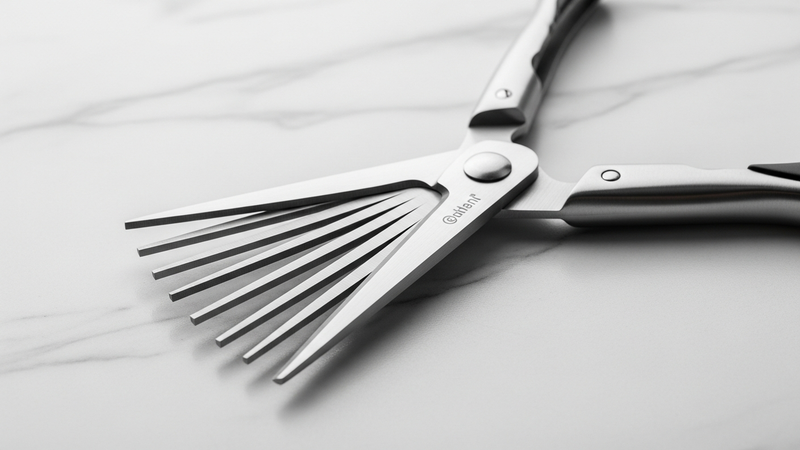 A clean, detailed close-up of a pair of stainless steel herb scissors open on a marble counter. Five sharp, parallel blades catch the light, showcasing the ingenious, multi-blade design.
