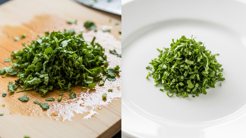 A split-screen comparison. Left: a pile of knife-chopped cilantro, uneven and sitting in a faint green smear on a wet cutting board. Right: a perfect, uniform mound of scissor-chopped cilantro on a clean, dry plate.