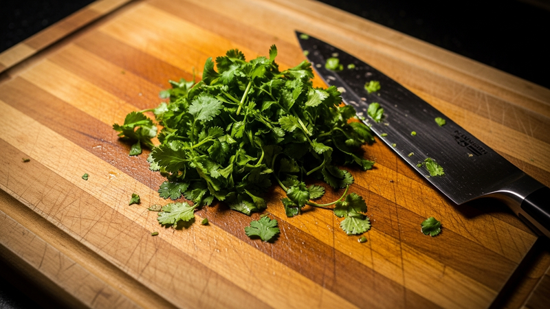 A top-down, moody shot of a wooden cutting board. A heap of fresh cilantro is smeared and bruised next to a classic chef's knife, all under the cold, unflattering light of a kitchen pendant.