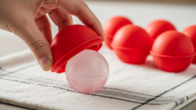 A hand, slightly blurred in motion, pressing up on the bottom of a bright red silicone ice sphere mold. A perfectly formed, slightly frosty ice sphere is released onto a kitchen towel. Other molds sit in the background.