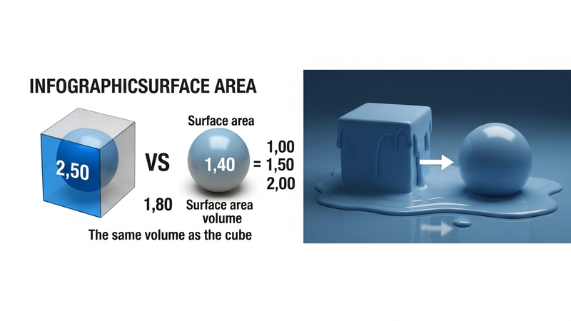 An infographic-style, photorealistic 3D render comparing a standard cube's surface area (highlighted in blue) to a sphere's, with clear numerical ratios shown. Beside it, a time-lapse visual shows a cube melting into a puddle while a sphere retains its form.
